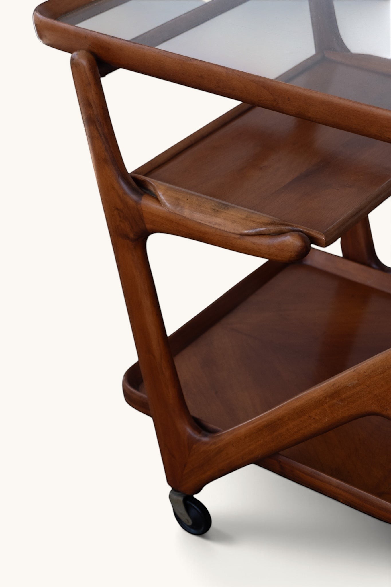 tessvintage Cesare Lacca mid-century wooden bar cart with Z-frame, glass top, and removable tray on wheels