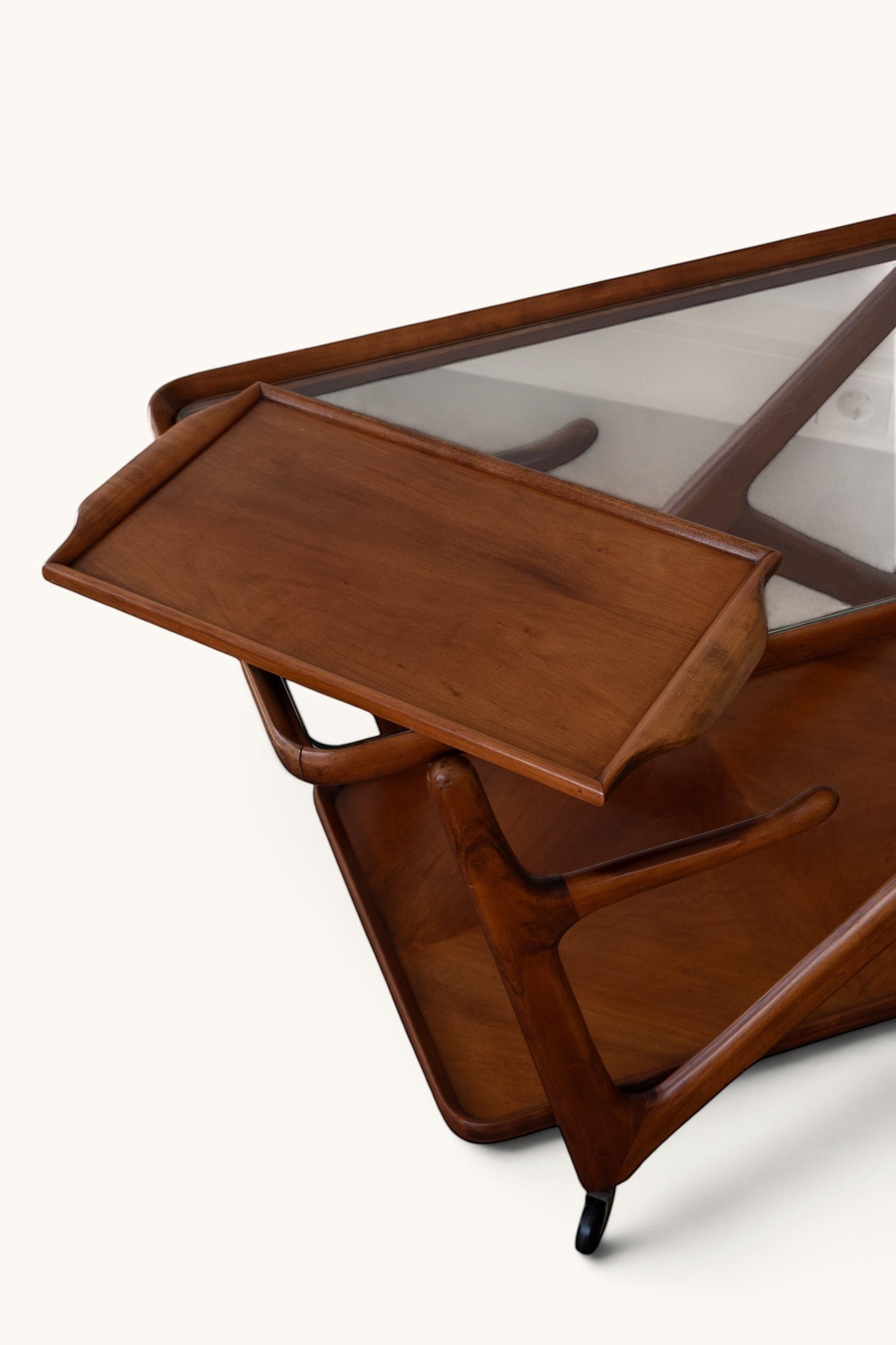 tessvintage Cesare Lacca mid-century wooden bar cart with glass top and removable tray, 1950s Italian design