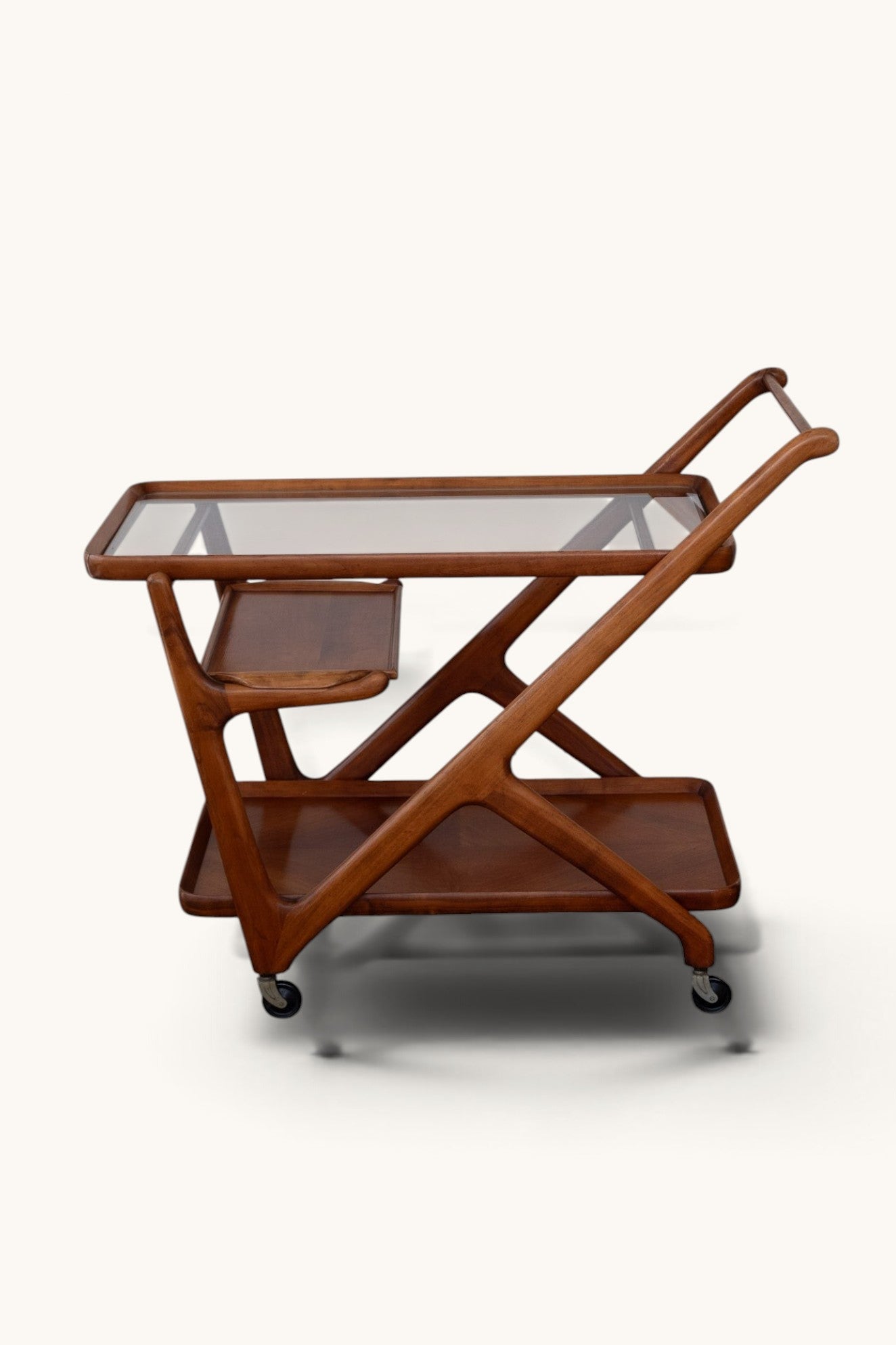 tessvintage Cesare Lacca mid-century wooden bar cart with Z-frame, glass top, and removable tray on wheels