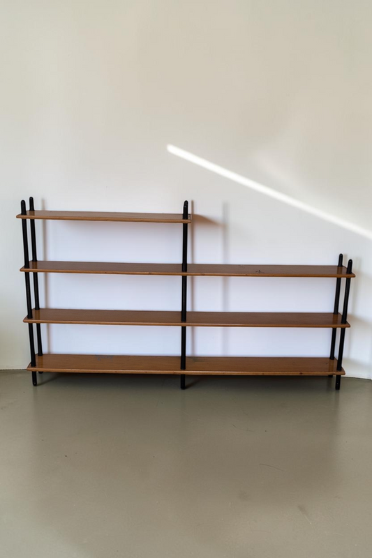 tessvintage 1960s mid-century modern wooden shelving unit with black lacquered poles and four tiered shelves