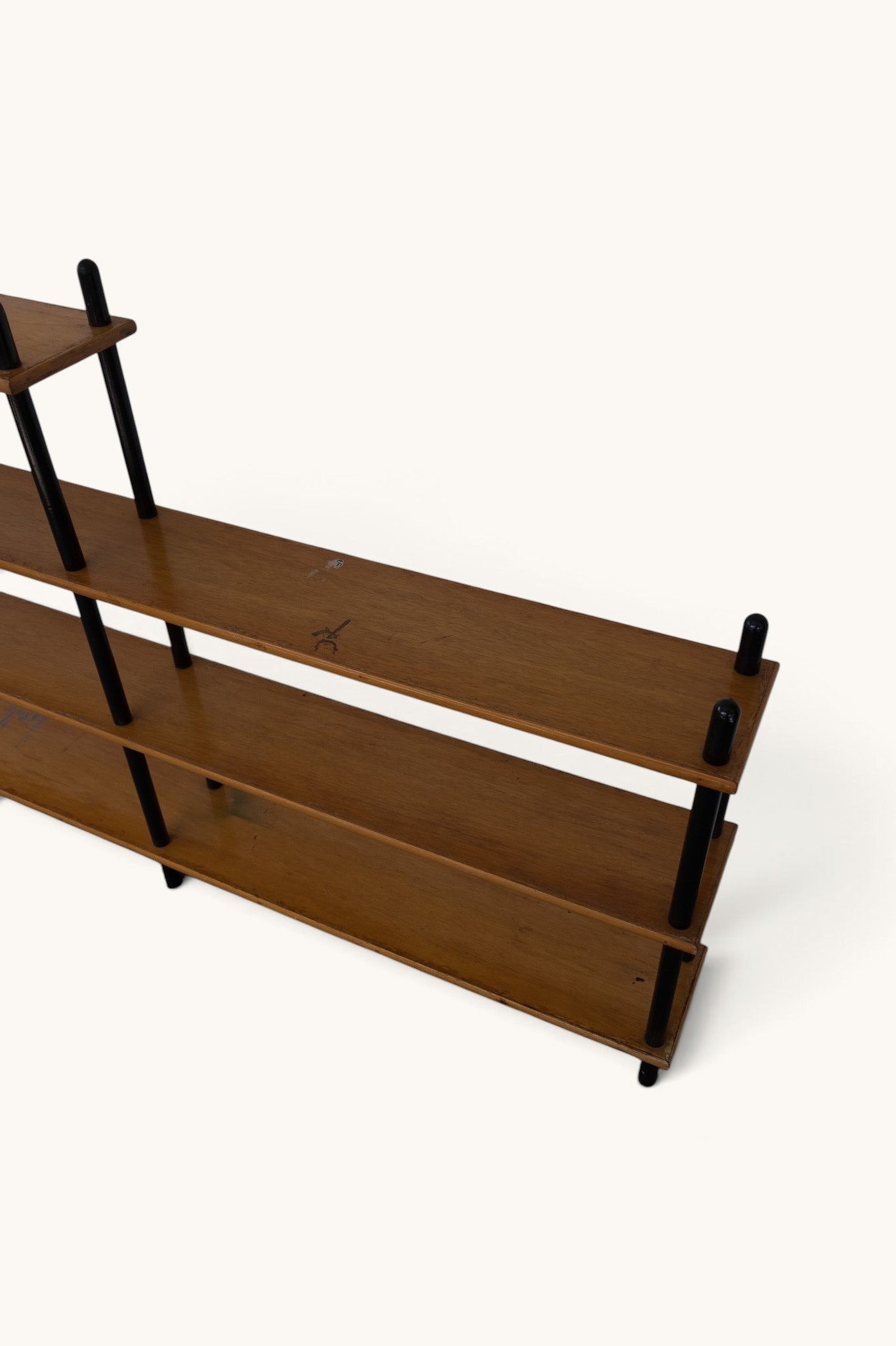 tessvintage 1960s vintage wooden shelving unit by Willem Lutjens with black lacquered supports and four tiers