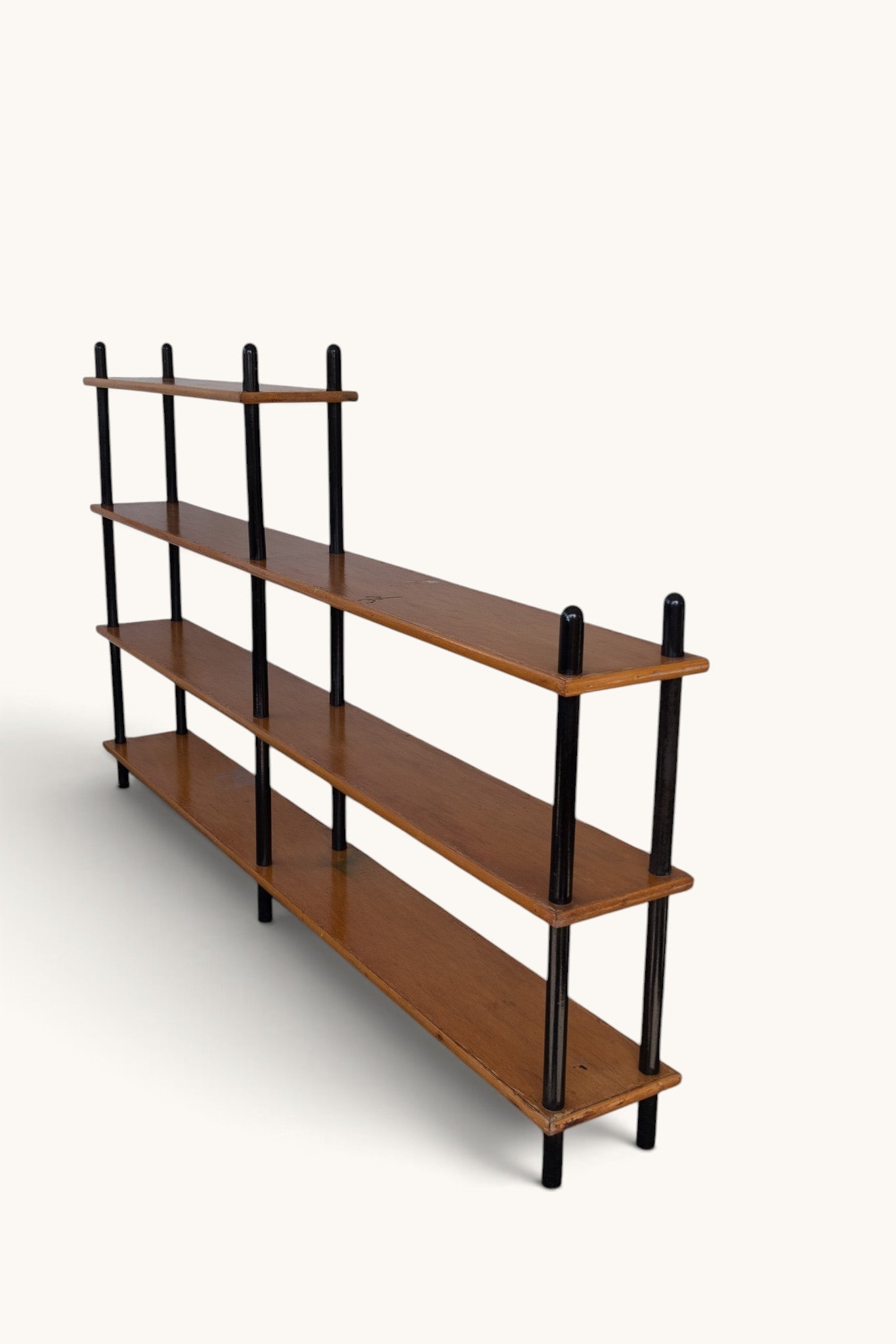 tessvintage 1960s vintage wooden shelving unit by Willem Lutjens with black lacquered poles and four tiered shelves
