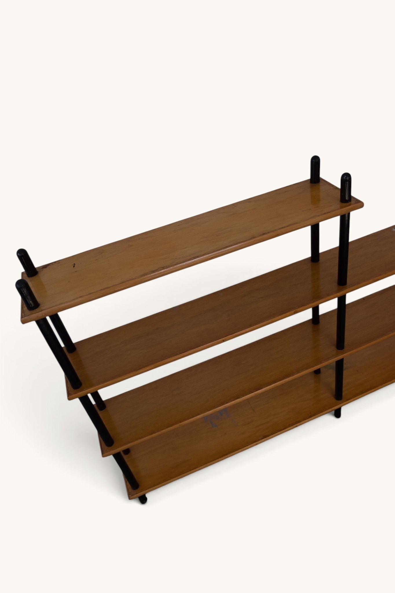 tessvintage 1960s Willem Lutjens wooden shelving unit with black lacquered supports and four tiered shelves