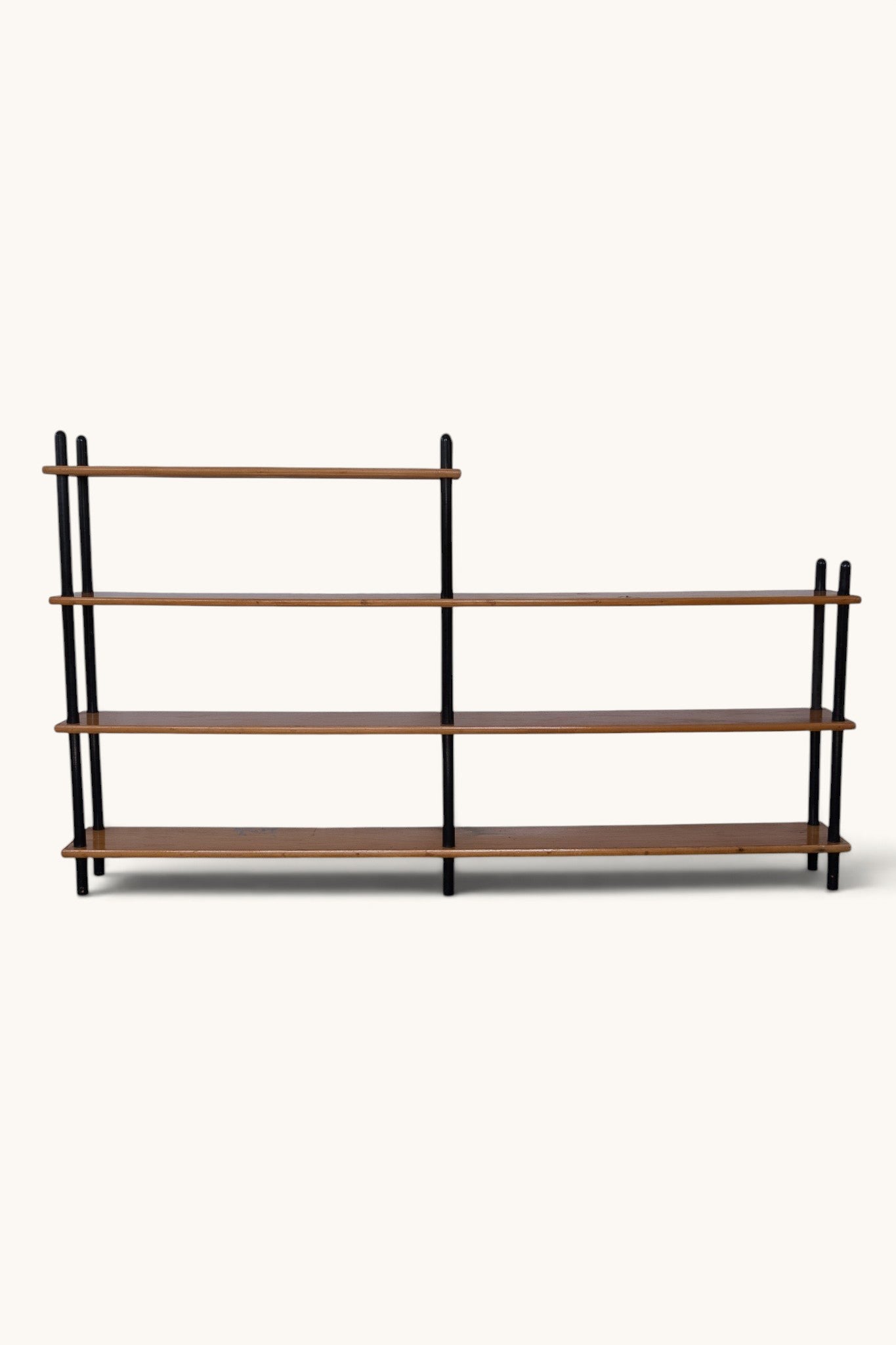 tessvintage 1960s Willem Lutjens wooden shelving unit with black lacquered poles and four tiered shelves