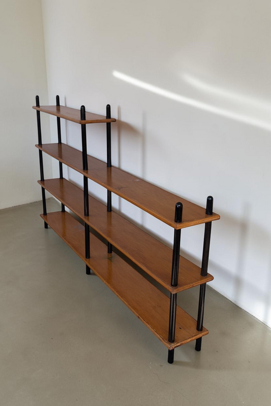 tessvintage 1960s vintage wooden shelving unit by Willem Lutjens with black lacquered poles and four tiered shelves